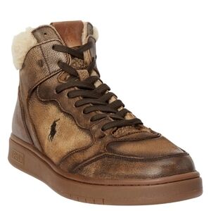 Men's Polo Ralph Lauren Brown Leather Shearling Court High Top Sneakers New